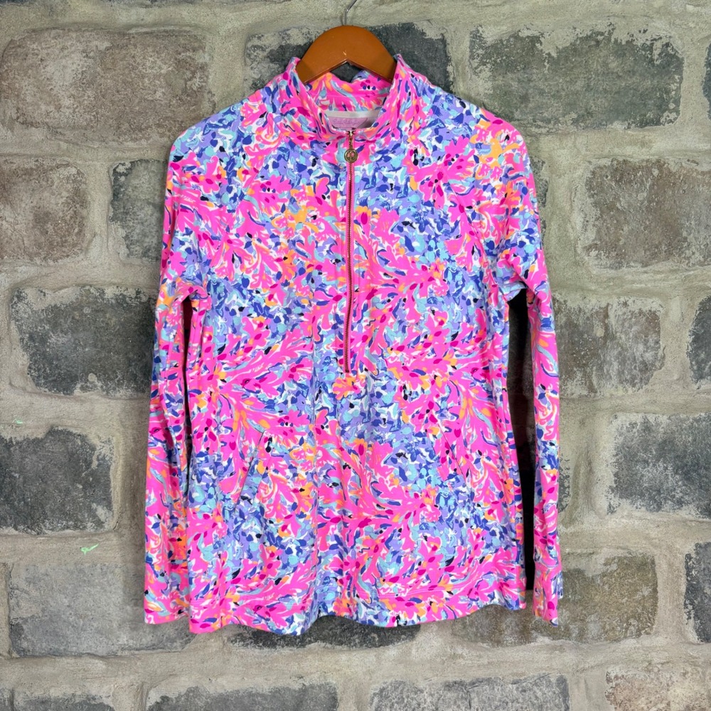Lilly Pulitzer Skipper Popover Pink Purple Floral Quarter Zip Sweatshirt L Beach